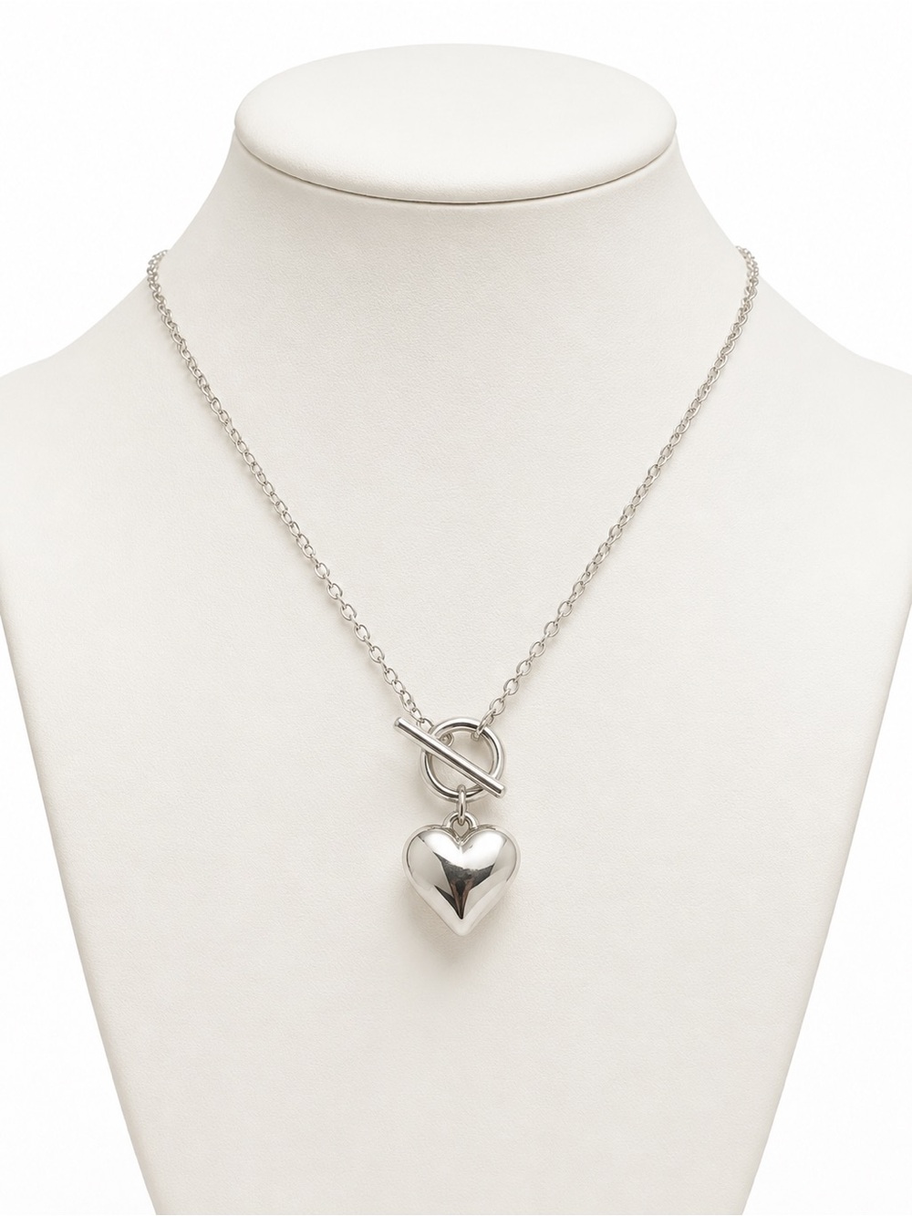 Silver Tone Heart Pendant Toggle Necklace One Size Minimalist